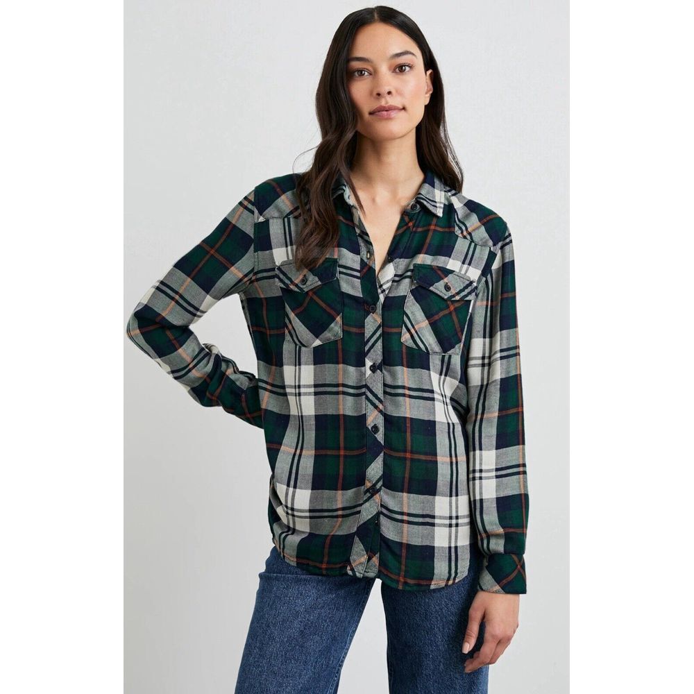 Rails Kendra Flannel Top Shirt Womens XS Green Navy Blue Plaid Long‎ Sleeve $178